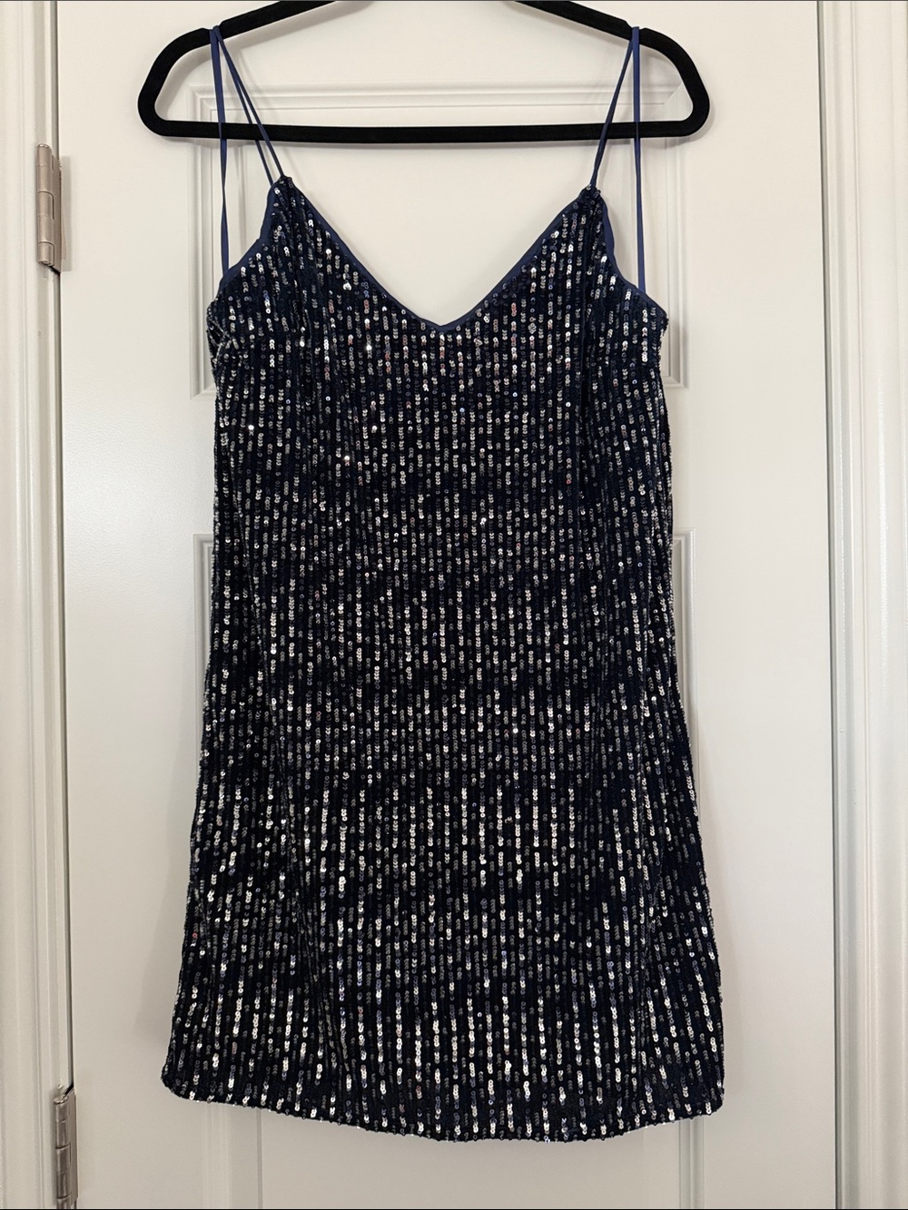 Navy Sequin Slip Dress with Spaghetti Straps